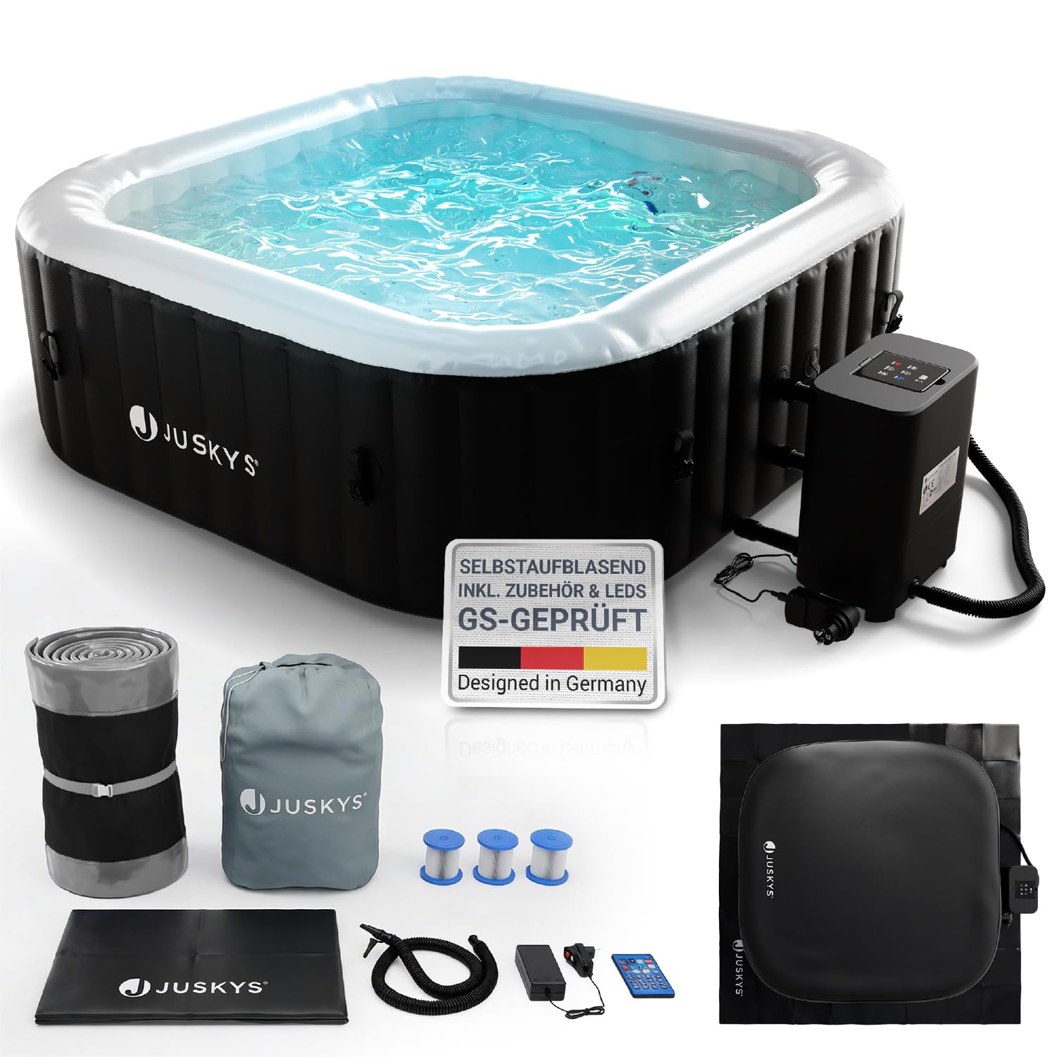 Juskys Whirlpool SpaLuxe Whirlpool SpaLuxe – mit LED – 130 Sprudeldüsen, 2400W Heizung, 910L Volumen – Schwarz / Weiß