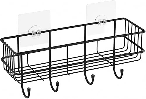 Sulfar Self-Adhesive Bathroom Shelf with 4 Hooks, No-Drill Wall-Mounted Kitchen Organiser, Powder-Coated GI Steel Storage Rack, Black, Pack of 1
