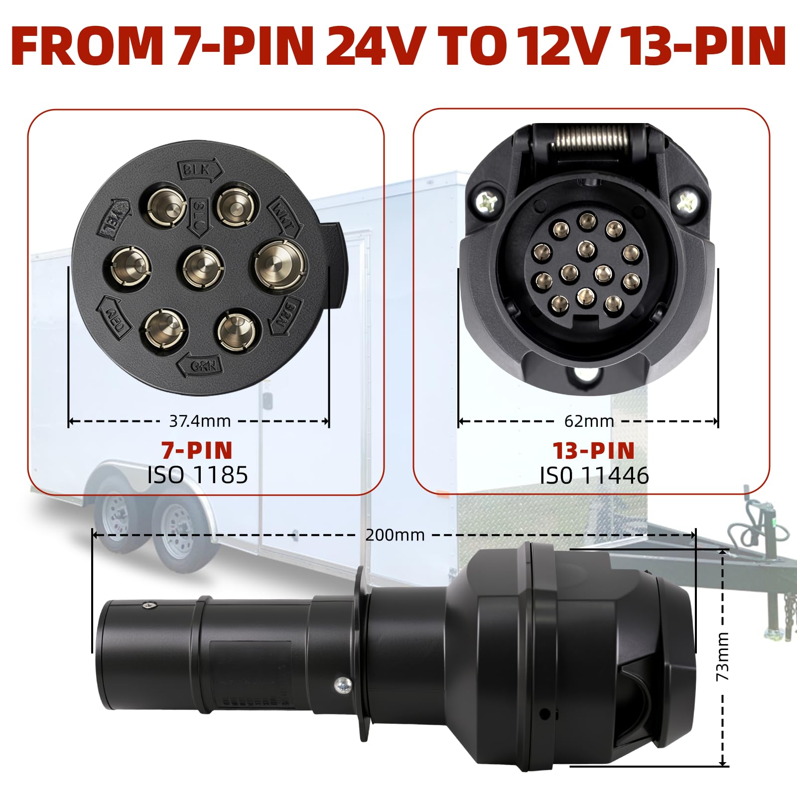 Przetwornica napięcia 24 V na 12 V – 7-biegunowa na 13-biegunowa do przyczep ciężarowych, adapter do przyczepy, reduktora napięcia (7-biegunowy na 13)