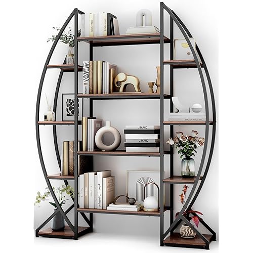 Large Oval Bookshelf, 70“ Tall Open 5 Tier Industrial Bookcases, Modern Etagere Bookcase Furniture, Wall Units for Living Room, Bookshelves Display Shelves for Office