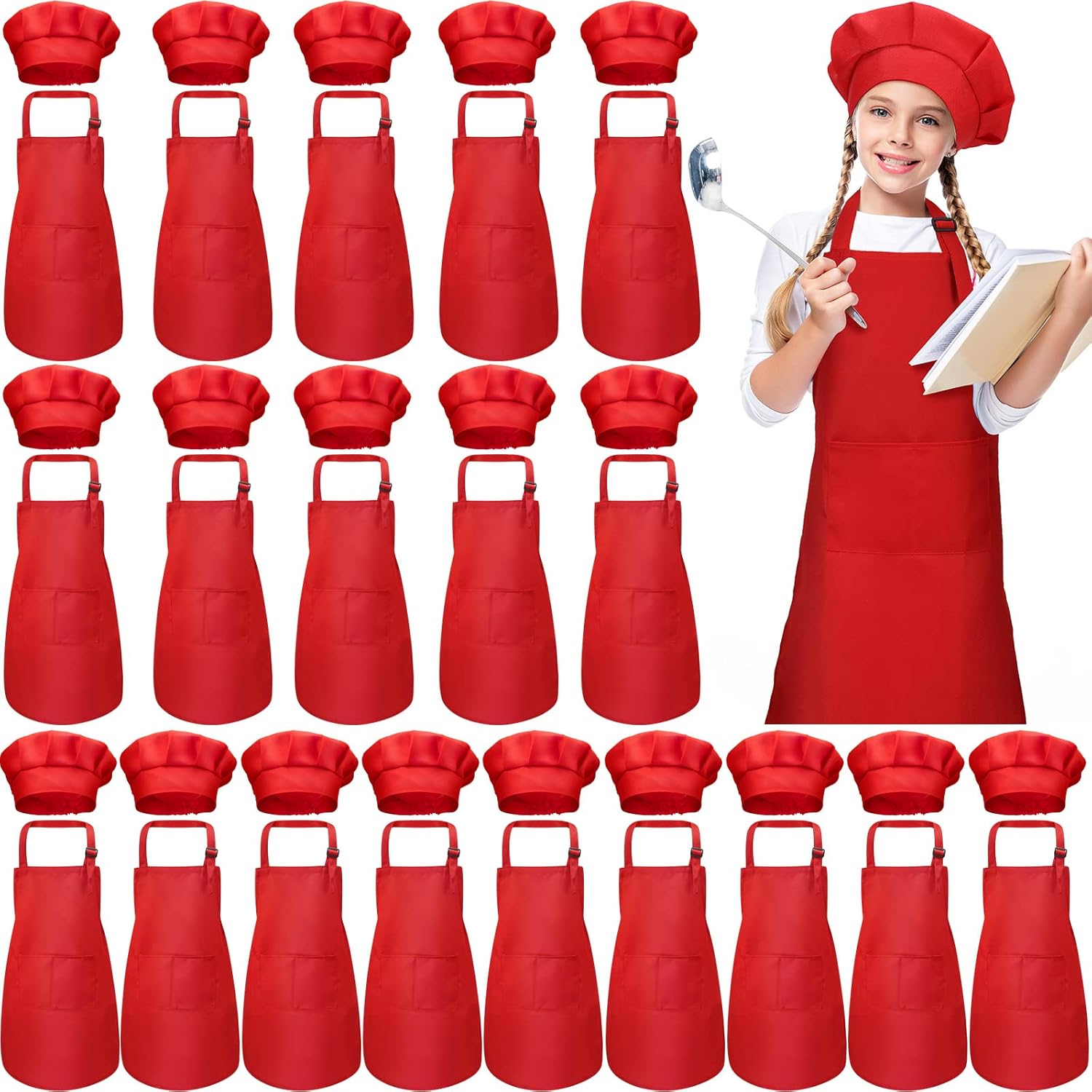 Handepo 40 Pcs Apron Chef Hat Set Aprons Chef 's Bib Apron Hats Bulk for Cooking Painting 7-13 Years