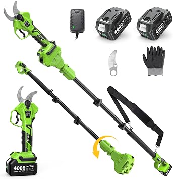 TaskStar 2-in-1 Pole Electric Pruning Shears, 1.6" Cut Cordless Pole Pruner | 2x4.0Ah Battery, 9Ft Telescopic Pole, 4 Cutting Modes, Brushless Motor, SK5 Blade, Electric Garden Shears For Garden Trimming