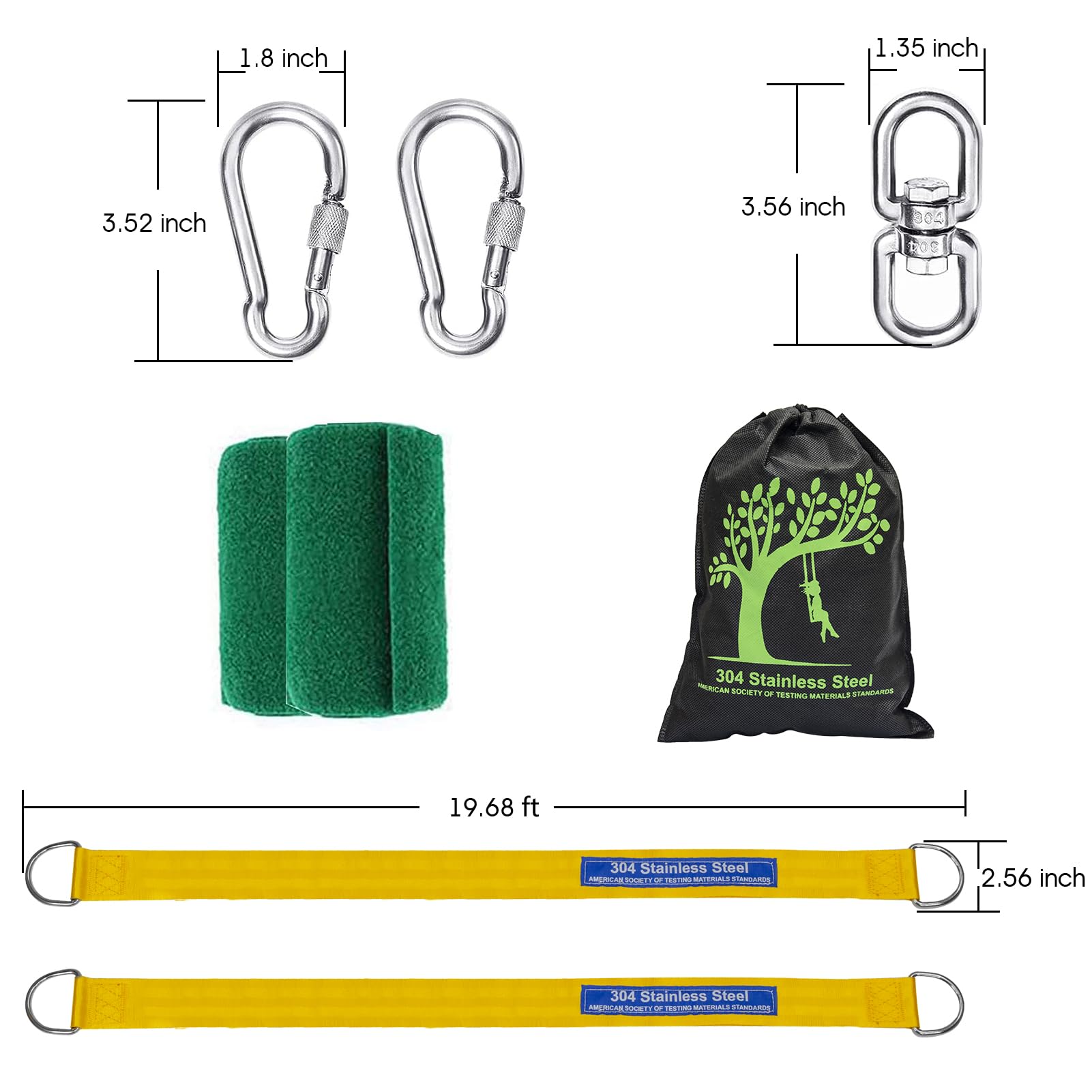 Kit de correas de columpio de árbol seguro con dos mosquetones de aleación de 2.2 libras de resistencia a la rotura fácil y rápida instalación columpios o hamacas