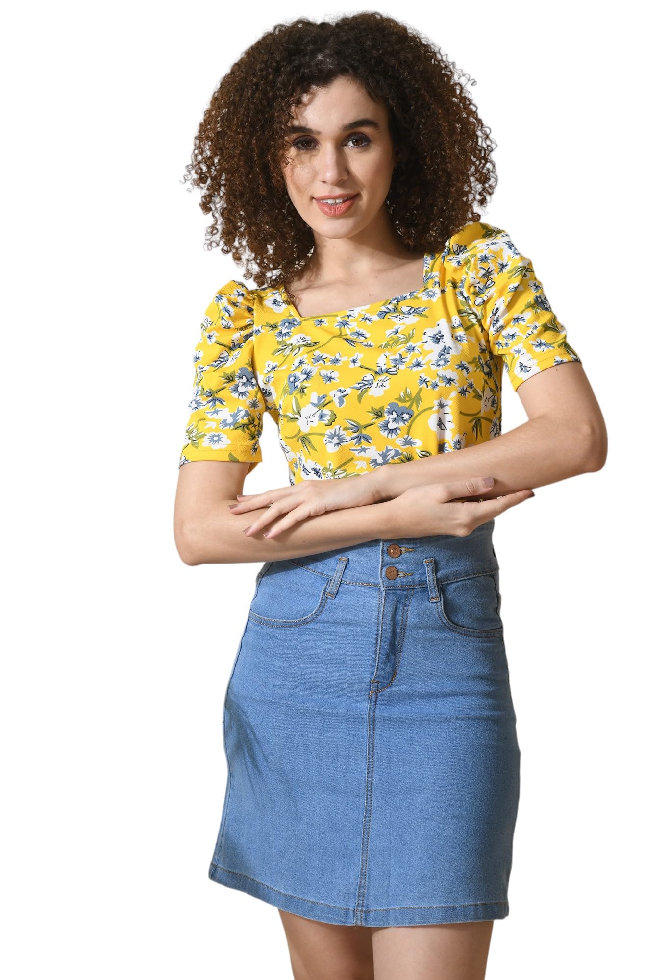 Yellow Printed Soldi Puff Sleeve Top for Women