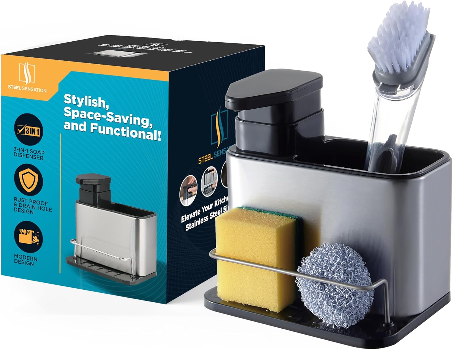 3-in-1 Kitchen Soap Dispenser Pump, Sponge Caddy and Brush Holder, 3oz/300ml Refillable Soap Dispenser for Kitchen Sink Organization, Stainless Steel Organizer for Clutter-Free Sink