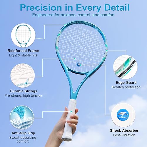 Miniatura 3 de Juego de raquetas de tenis de 27 pulgadas, raquetas de tenis preencordadas para 2 jugadores para adultos, 2 cintas de sobreagarre, 3 pelotas, 2