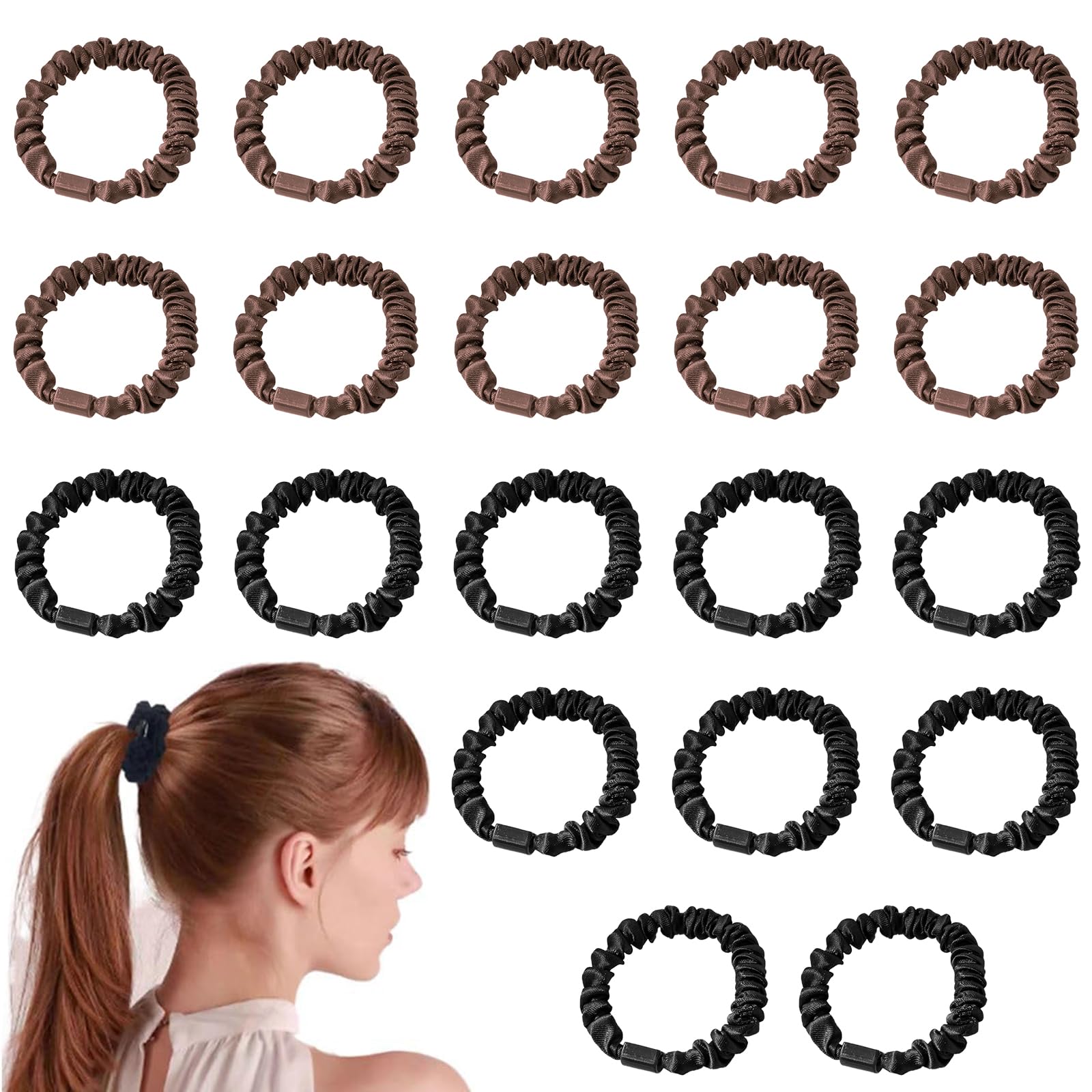 Silk Skinny Scrunchies Set 20 PCS 100% Pure Mulberry Silk Hair Ties Elastics Satin Hair Bands Girls Silk Bobbles Ponytail Holders Sleepy Hair Accessories No Damage for Curly Long Hair (Black