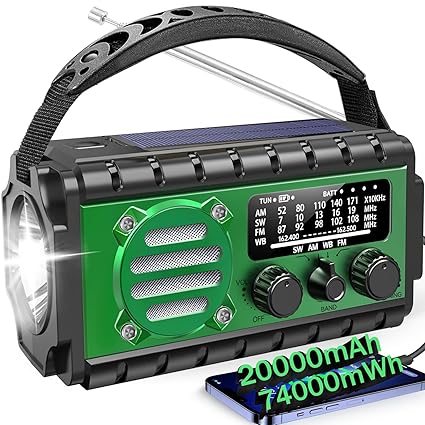 20000mah Emergency Radio, SW/NOAA/AM/FM Weather Radio, Solar Powered Hand Crank Chager with Bige Bat...