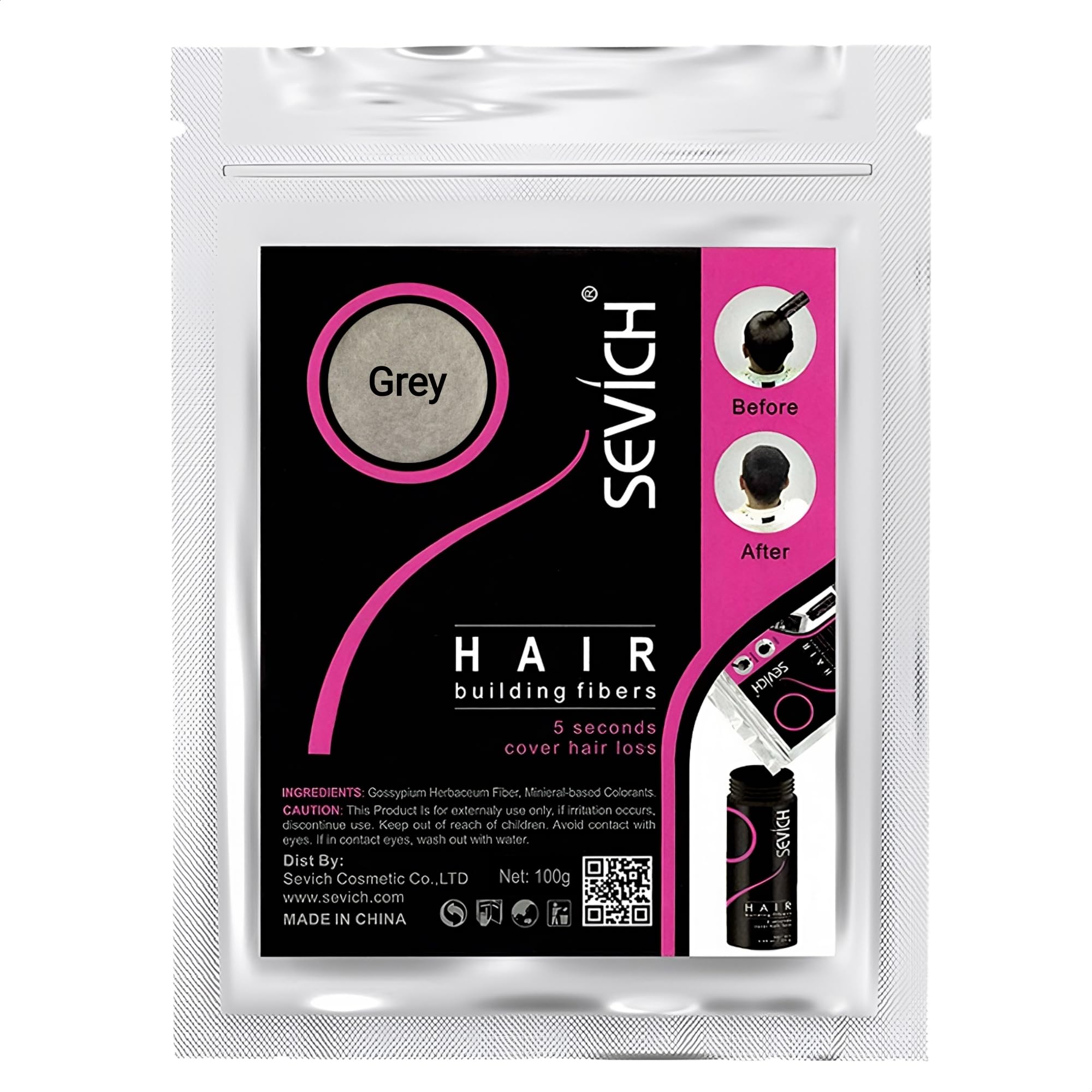 Hair Fibres Grey 100g Refill - Natural Hair Powder for Building Thickening and Hair Loss Coverage in 30 Seconds