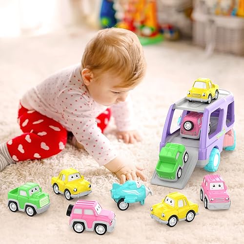 Miniatura 6 de Juguetes para niñas de 1 a 2 años, camión transportador 7 en 1, juguetes para niñas pequeñas, autos de juguete alimentados por fricción con luces y