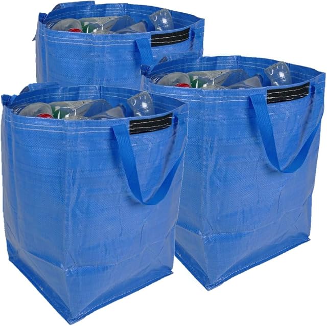 47 Litre Recycling Bag with Top Flap and Handles - Tip Strap - Laminated Wipe Clean Fabric - PREMIUM GRADE - Heavy Duty Woven PP Fabric (3 Bags, Blue)