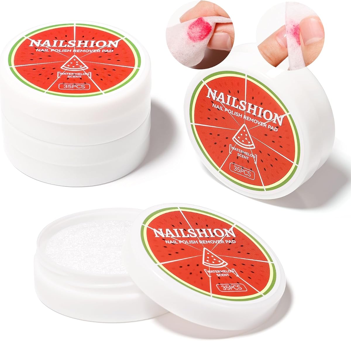 Nail Polish Remover Pads, 140 Pcs Wipes in 4 Boxes, Non-Acetone | 3-5s Quick Removal | VE Moisturing, Lint-free Travel Fingernail Polishes Handy Wipes to Clean Polish, Watermelon Scent