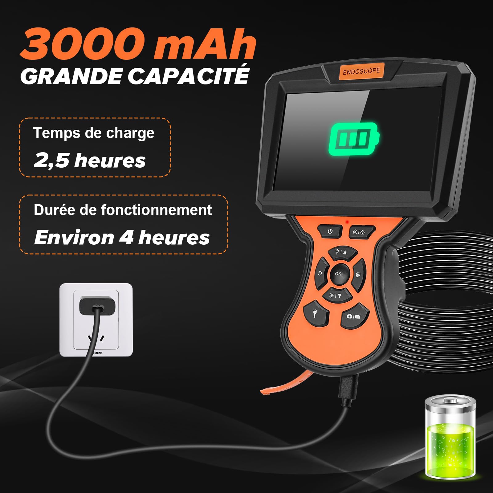 Camera Endoscopique Triple Objectif, WADEO Endoscope Industriel IPS 5'' avec 8 Lumières LED, 1080P HD Étanche Camera Inspection Canalisation, Câble Semi-Rigide 10M, Carte 32 Go, Étanche IP67 | avec 8 Lumières LED, 1080P HD Étanche Camera Inspection Canali