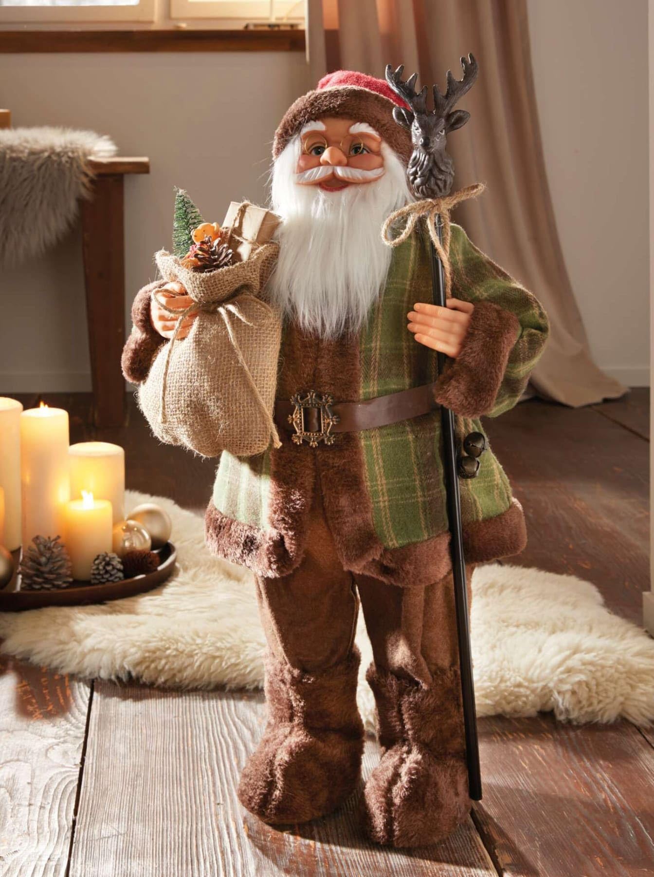 Dekoleidenschaft Dekofigur Santa mit Stab Weihnachtsmann 60 cm hoch, Nikolaus, Santa Claus Figur, Weihnachtsdeko
