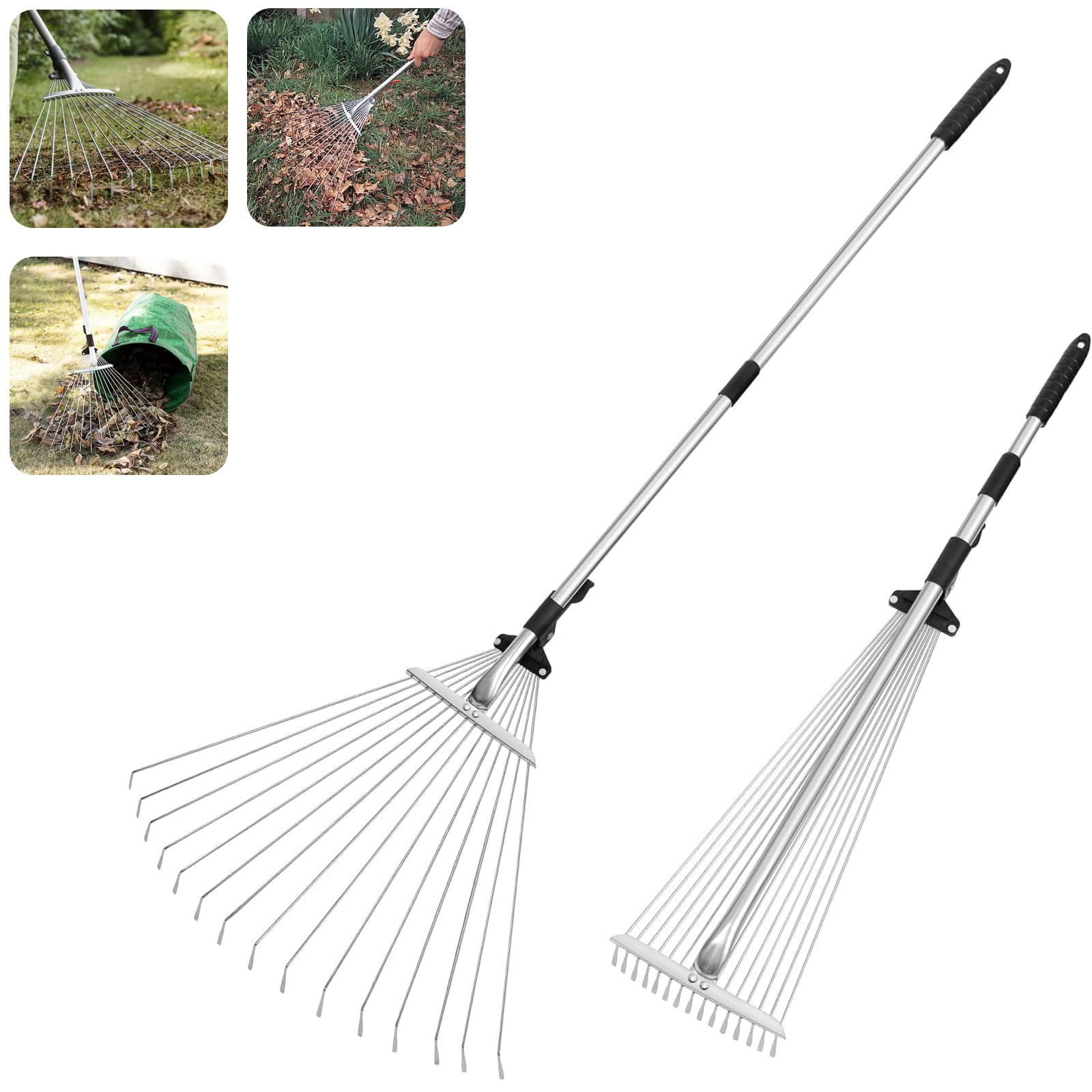 Heavy Duty Adjustable Garden Rake - 15 Tine Telescopic Leaf Rake with Expanding Head (20-56cm) and Long Handle (85-160cm) - Rust Resistant Metal Lawn Rake for Grass, Moss & Leaves