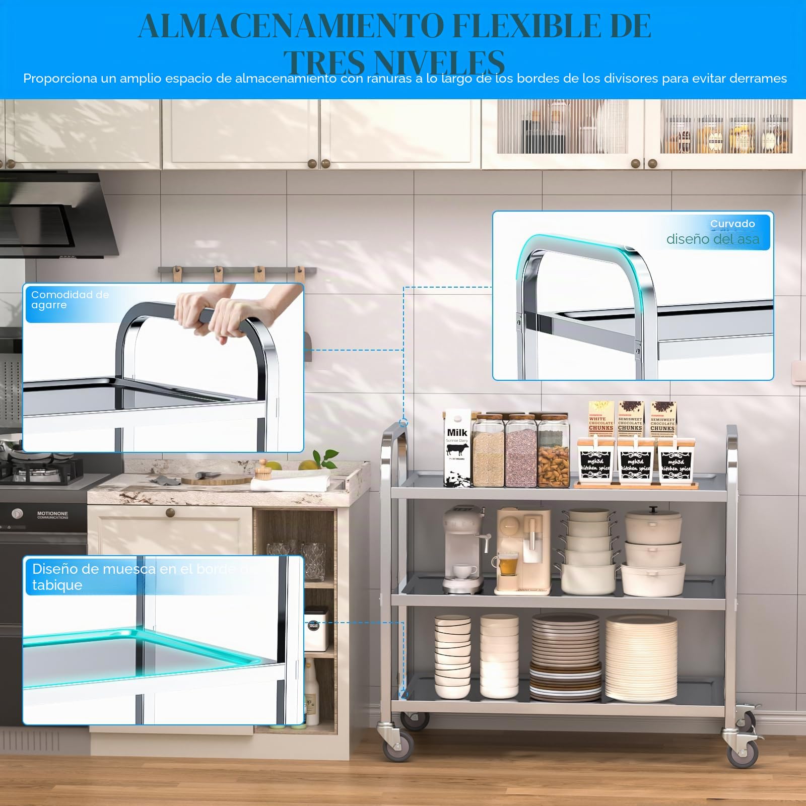VELPAX Carro de Cocina rodante de 3 Niveles, 95x50x95 cm Carro de Cocina de Acero Inoxidable, rodante silencioso, para Almacenamiento clínico Cocina Hotel Salón de Belleza