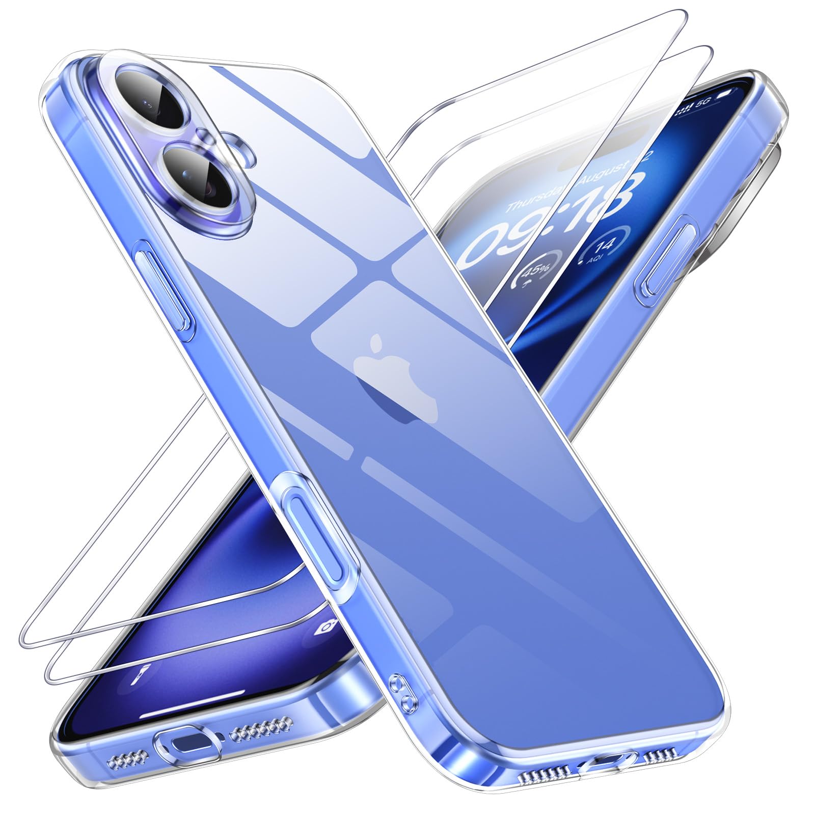Phoona Cover per iPhone 16 Plus Custodia con 2 Pezzi Pellicola Vetro Temperato,Ultra Sottile Trasparente Silicone Protettiva Case per iPhone 16 Plus Sottile Morbida Antiurto Cover