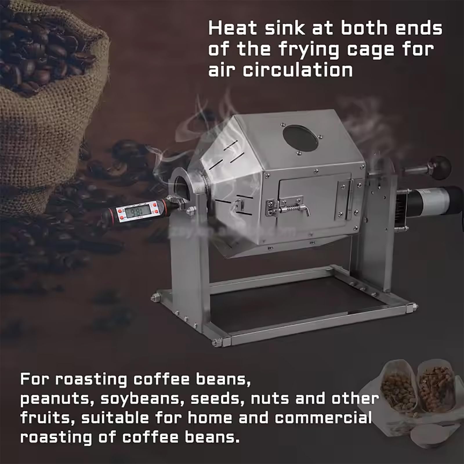 Tostador Granos Café 3,8L, Tostadora Eléctrica Frutos Secos Con Termómetro Y Barril Acero Inoxidable,velocidad 10-60 RPM/min Y Capacidad Horneado 300-500g,temperatura Constante 360°,para Maní