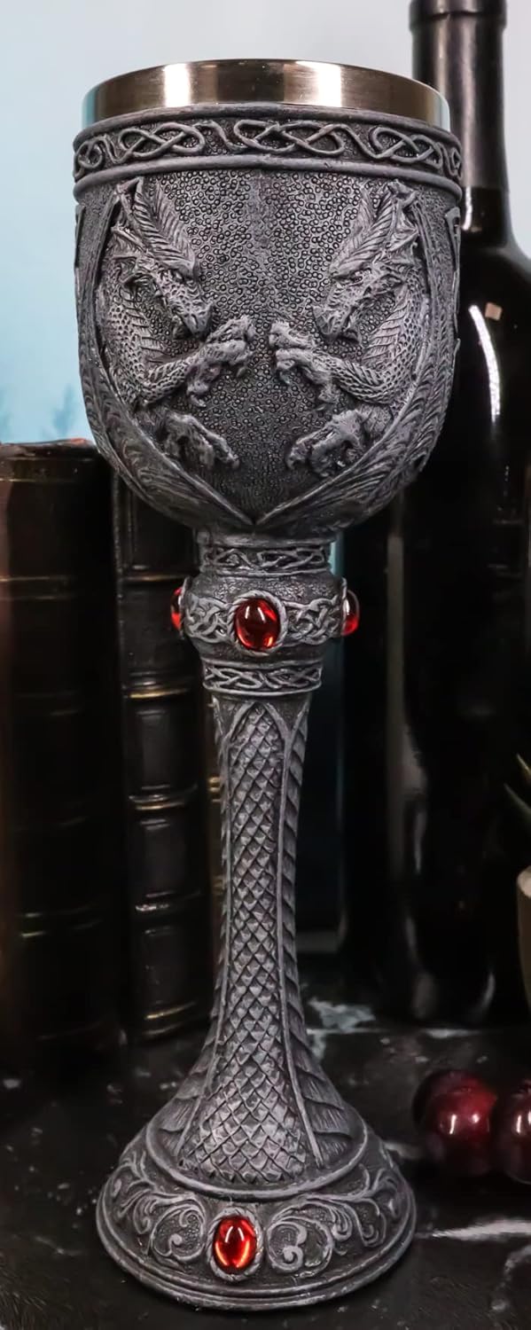 Ebros Gift Medieval Wizard Druid Alchemy Dual Twin Dragons Guarding Blood Crystals Tall Wine Goblet Chalice With Celtic Knotwork 9.25"H Dungeons And Dragonlings Mythology