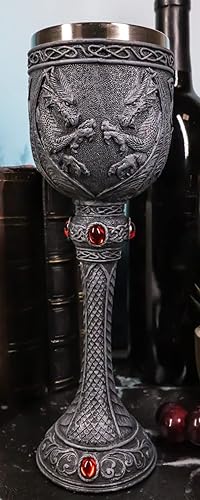 Ebros Gift Mago medieval Druida Alquimia Doble Dragones Gemelos Guardando Cristales de Sangre Cáliz Alto Copa de Vino Cáliz Con Nudo Celta 9.25" H