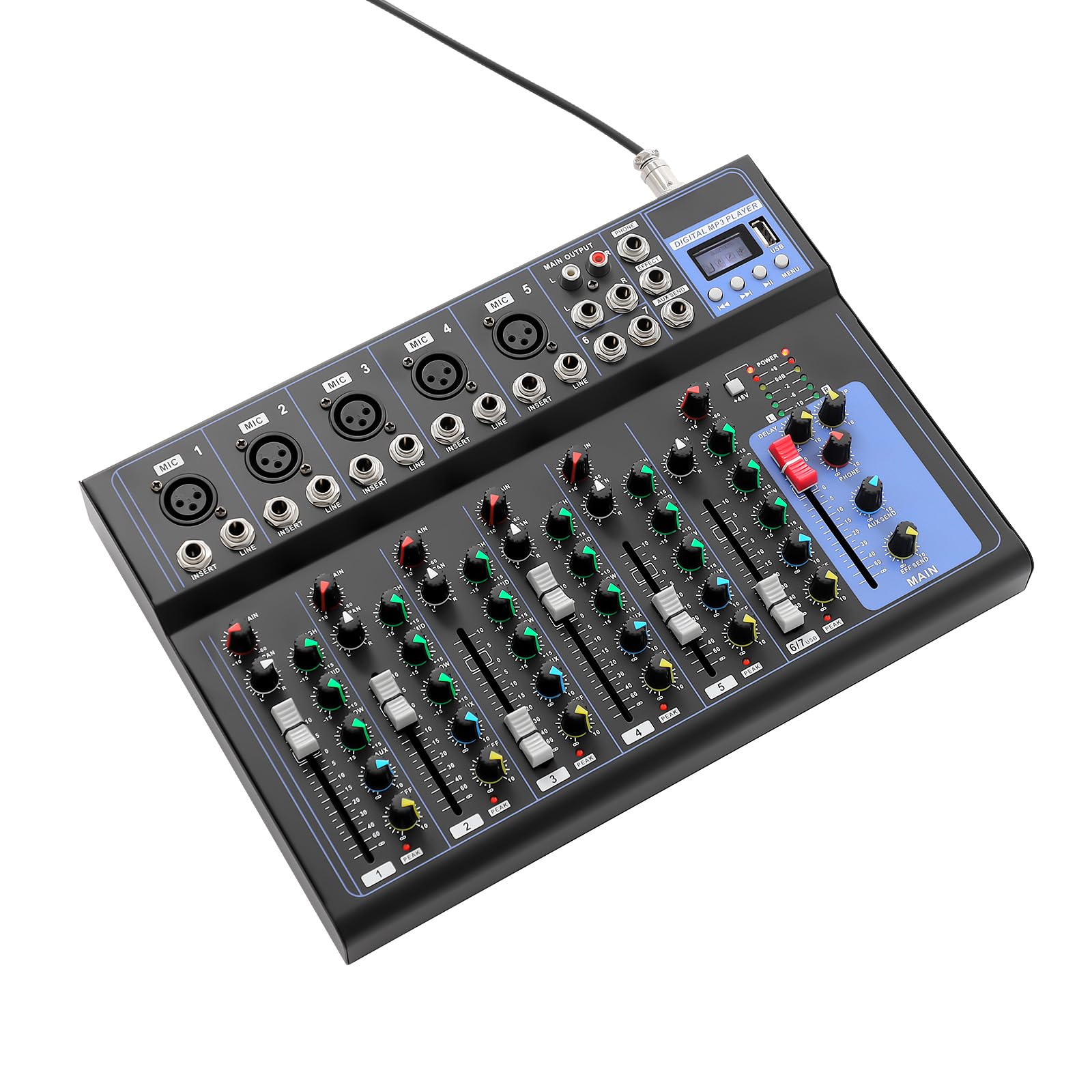 Console di mixaggio per DJ, 7 canali, Bluetooth, Live Studio, USB, con modalità musicali, alimentazione phantom per studio live, palcoscenico, strumenti karaoke