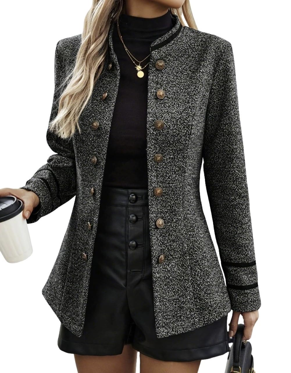 CHARTOU Women Tweed Blazer Jacket Stand Collar Double Breasted Fall Winter Business Casual Work Outwear Coat