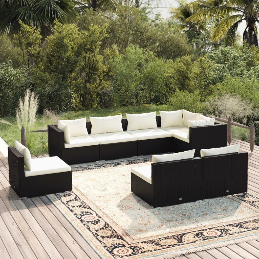 KCCKOM Garden Furniture Set 8 Piece Patio Lounge Set with Cushions Poly Rattan Black