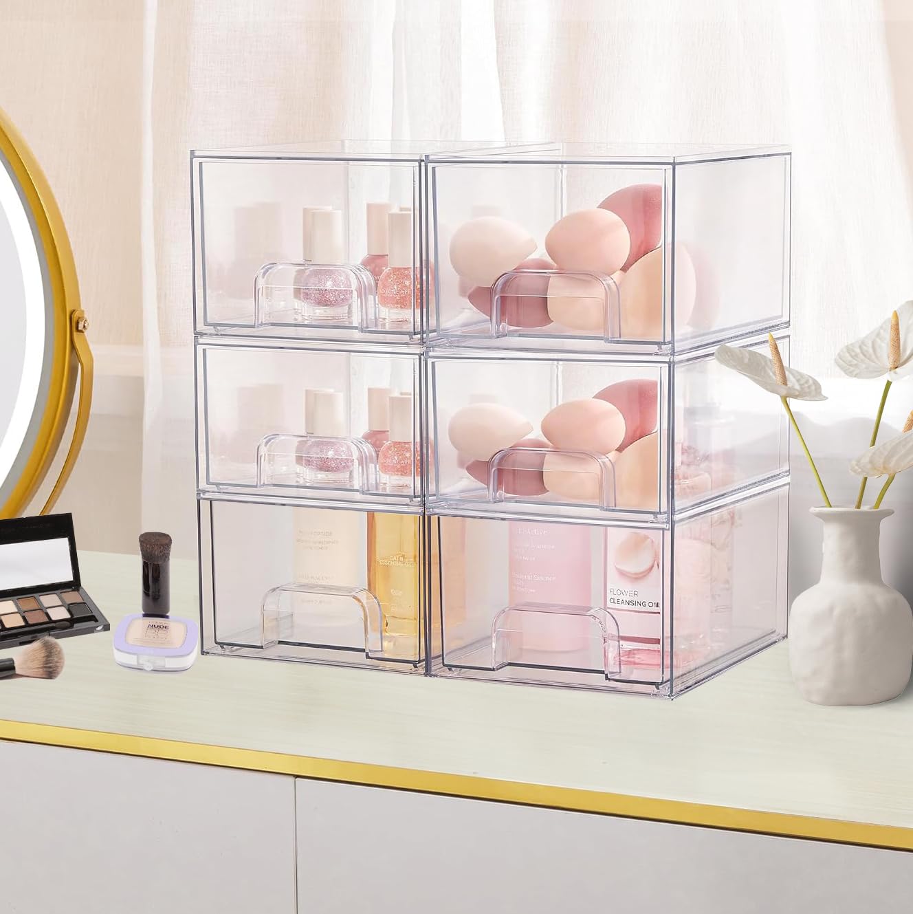 4 Piezas Organizador Apilables Transparentes, Acrílico Organizador Cajones Apilables Cajones Bañocon 32 Antideslizante Antideslizantes para Maquillaje, Baño, Tocador, Refrigerador, Oficina, Cocina