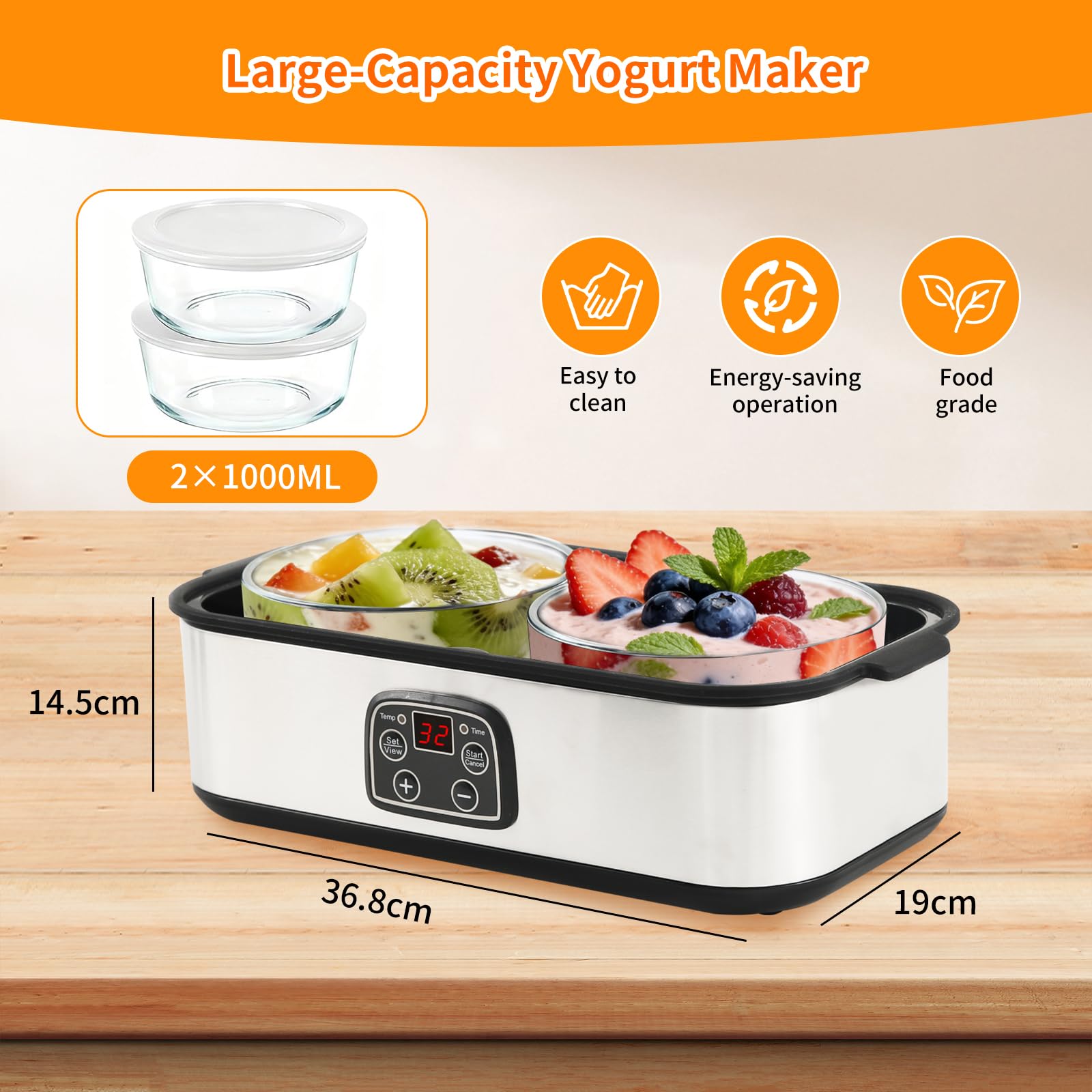 Máquina para hacer yogurt de 2000 ml con 2 tarros de vidrio, máquina para hacer yogur de acero inoxidable con pantalla LED, temperatura ajustable y temporizador de 48 horas, para hacer yogur orgánico