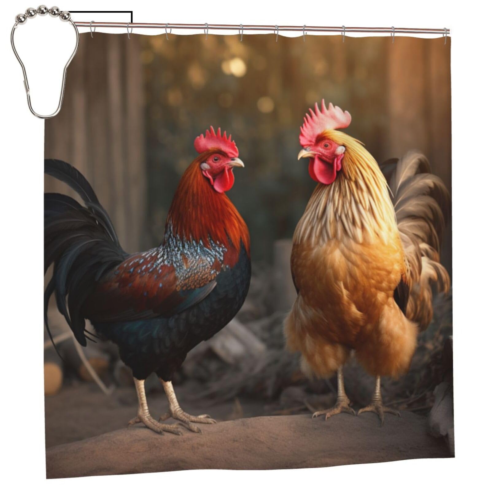 Rideau de douche coq et poule imperméable 182x182 cm avec 12 crochets résistant