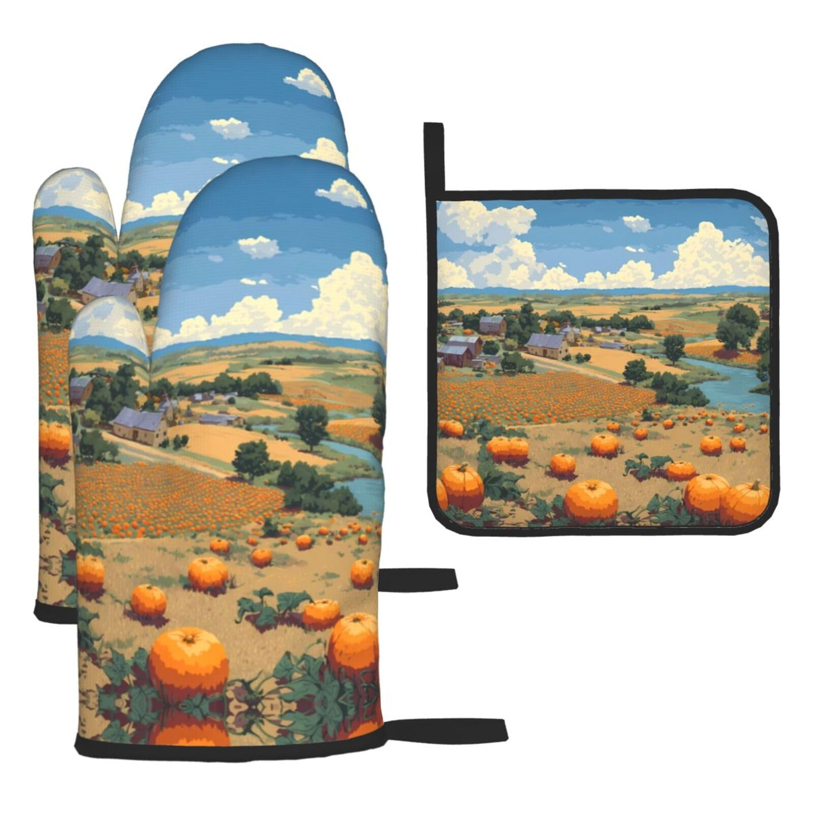 Pumpkin field Printed Kitchen Oven Mitt Set 3-Piece Heat Resistant Gloves with Pot Holder Mat for Cooking Baking BBQ