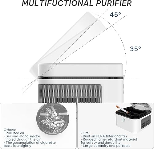 Miniatura 4 de FUKANG Cenicero sin humo, cenicero de humo multifuncional con USB recargable, filtro HEPA que reduce el humo para el hogar, oficina (blanco)