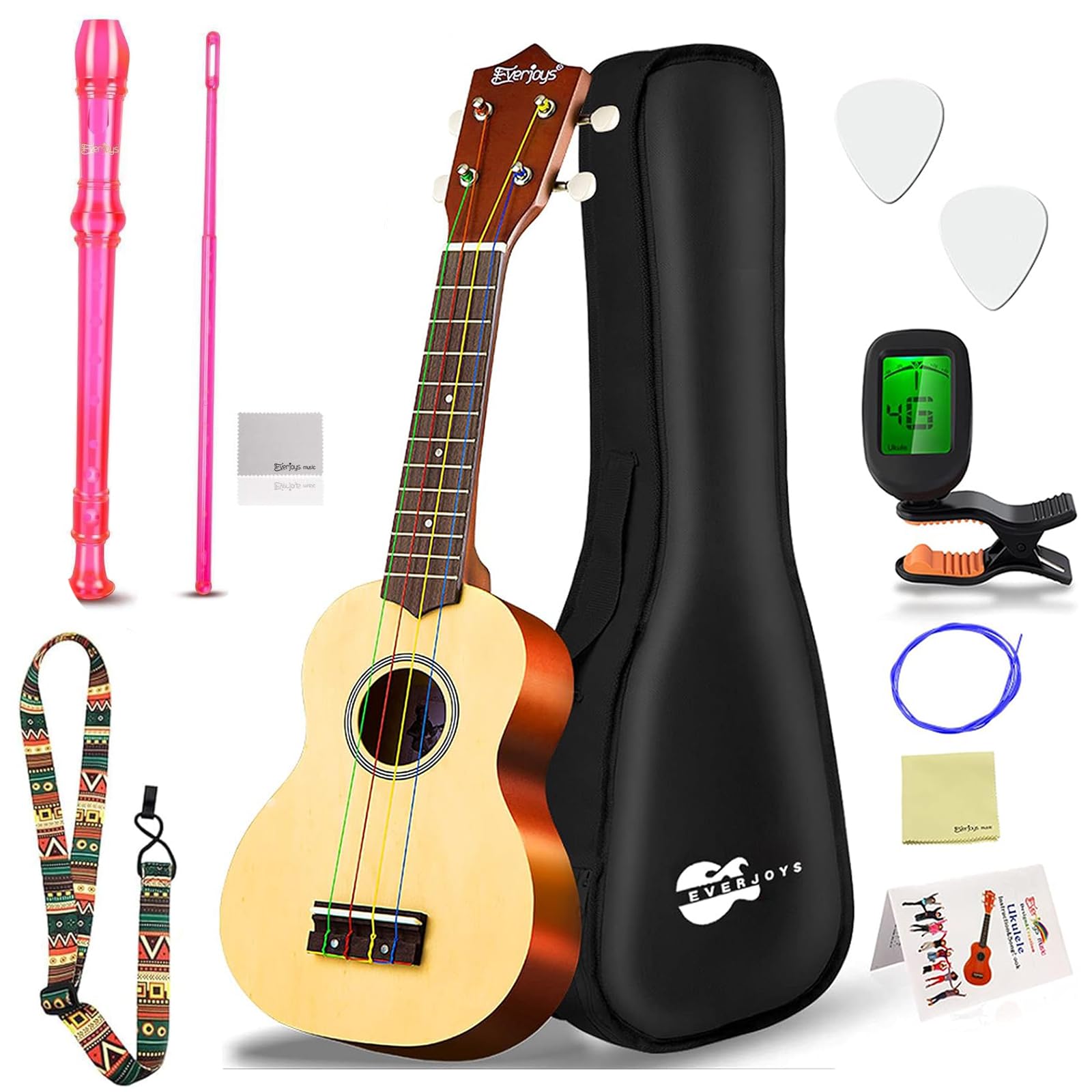 EverjoysSoprano Ukulele 21 Inch w/Rainbow String and 8 Hole Flute Transparent Pink Detachable 3pcs ABS Crystal Music Recorders