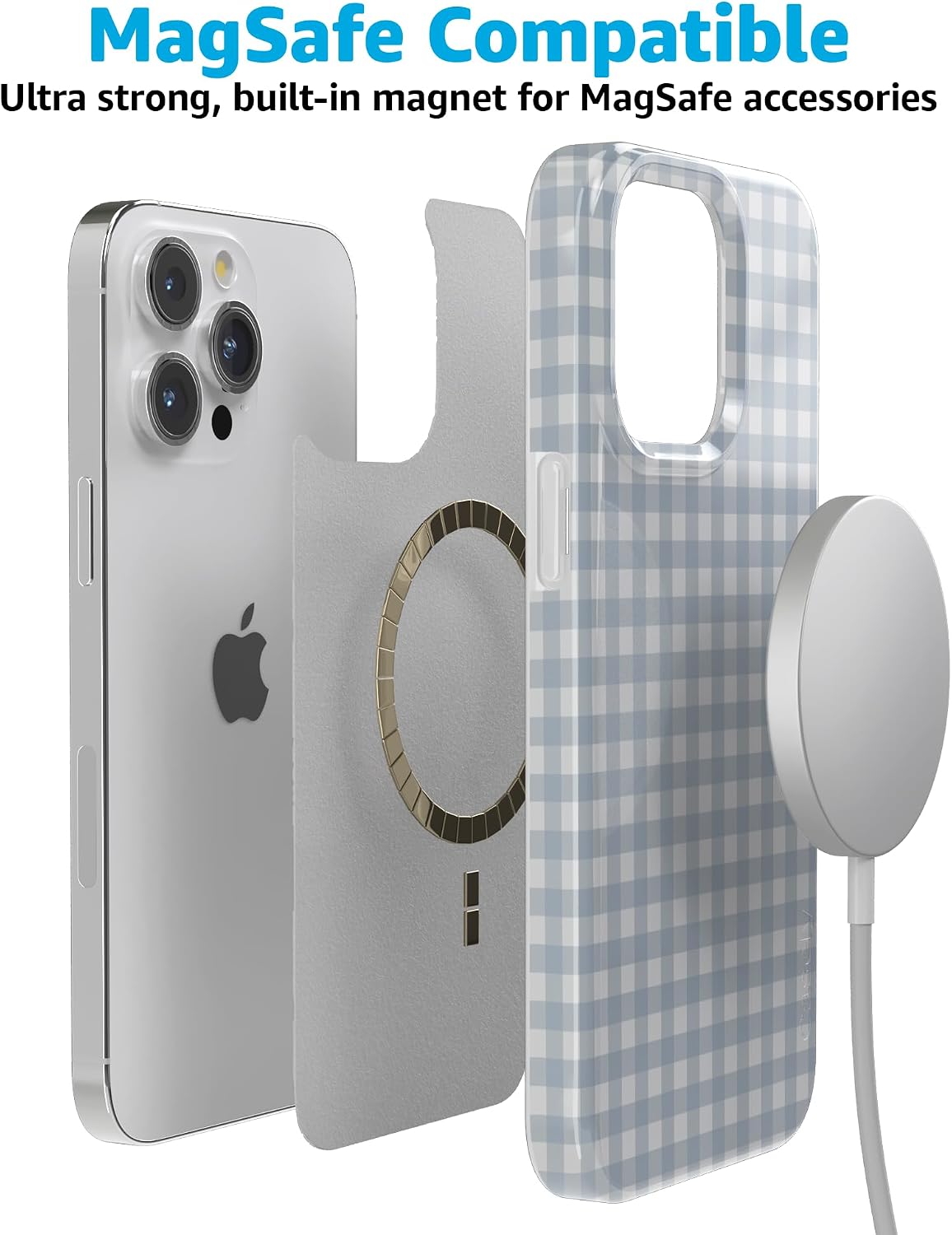 Casely iPhone 15 Pro Case | Pastel Picnic | Blue Gingham | Compatible with MagSafe | Classic Ultra Thin Design
