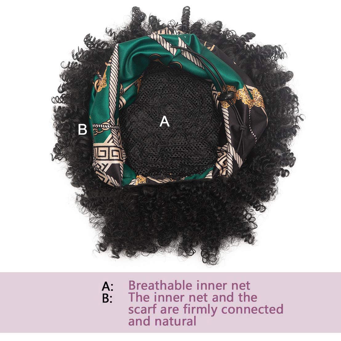 Headband Wig, Headband Wigs for Black Women, Curly Afro Wig Kinky Curly, 2 in 1 Turban Headwrap Wig Drawstring Synthetic High Puff Full Wig (Green Headband Black Wig)