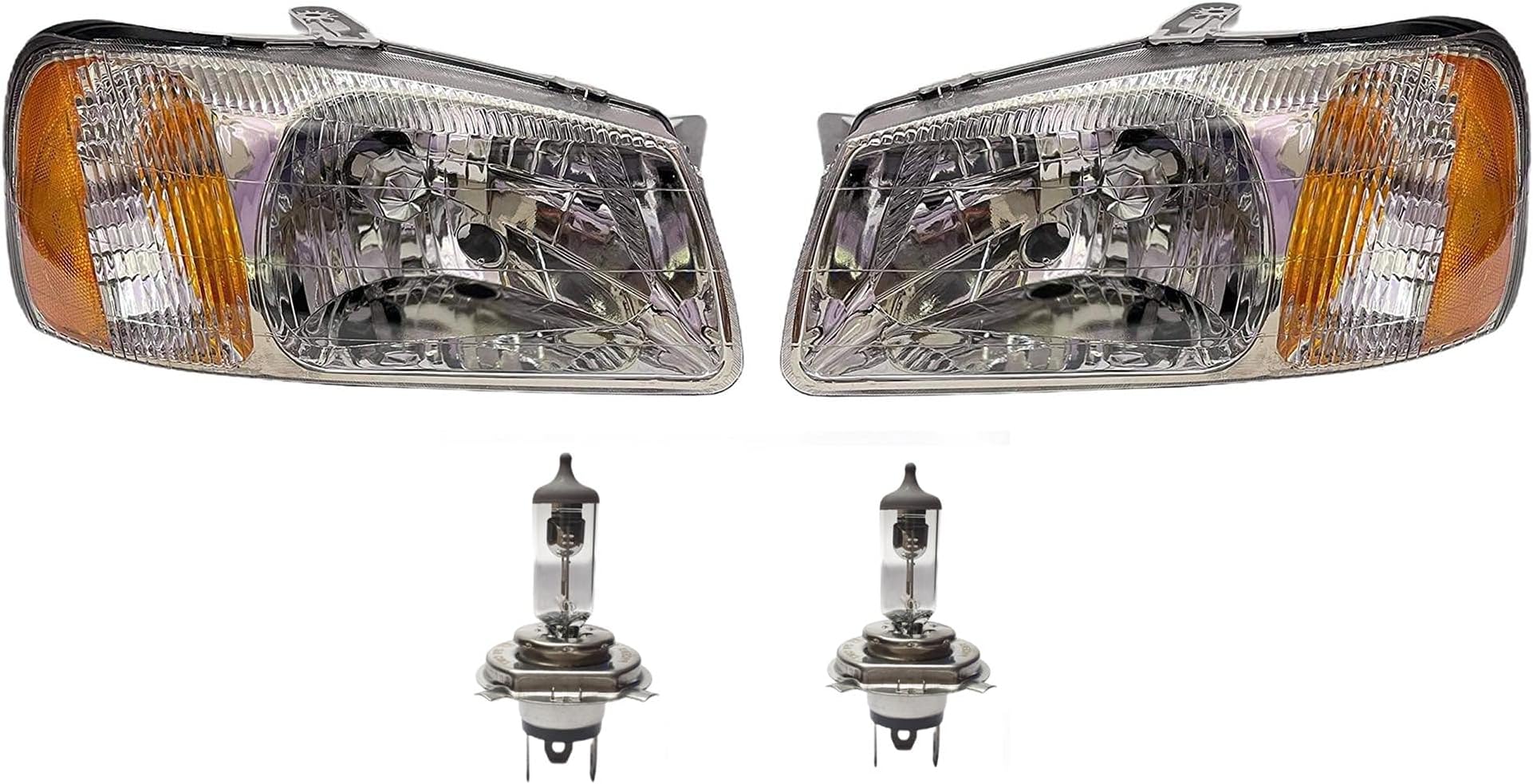 K D Headlight Assembly For Hyundai Accent With Bulb H4 12V 55/60W Type 2 (Both Sides) 1999-2012 Pair ( Without Adjustable Motor), Halogen