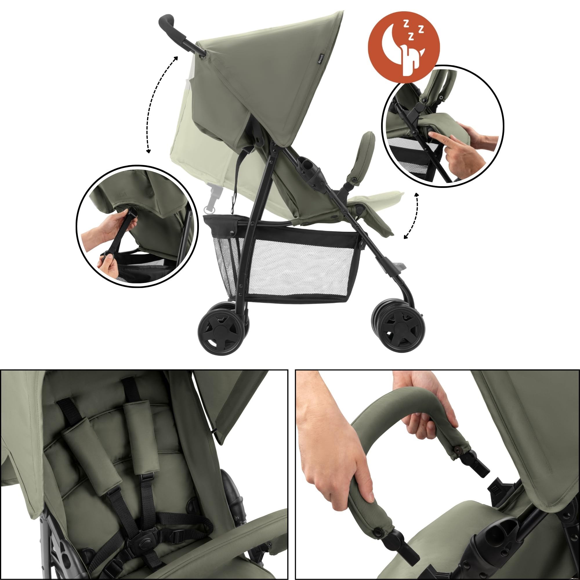 hauck Poussette Compacte Citadine Sport - Ultra Légère Seulement 5,9 kg, Pliable et Inclinable, Jusqu'à 15 kg, Capote Pare-Soleil, Grand Panier 3 kg, Olive