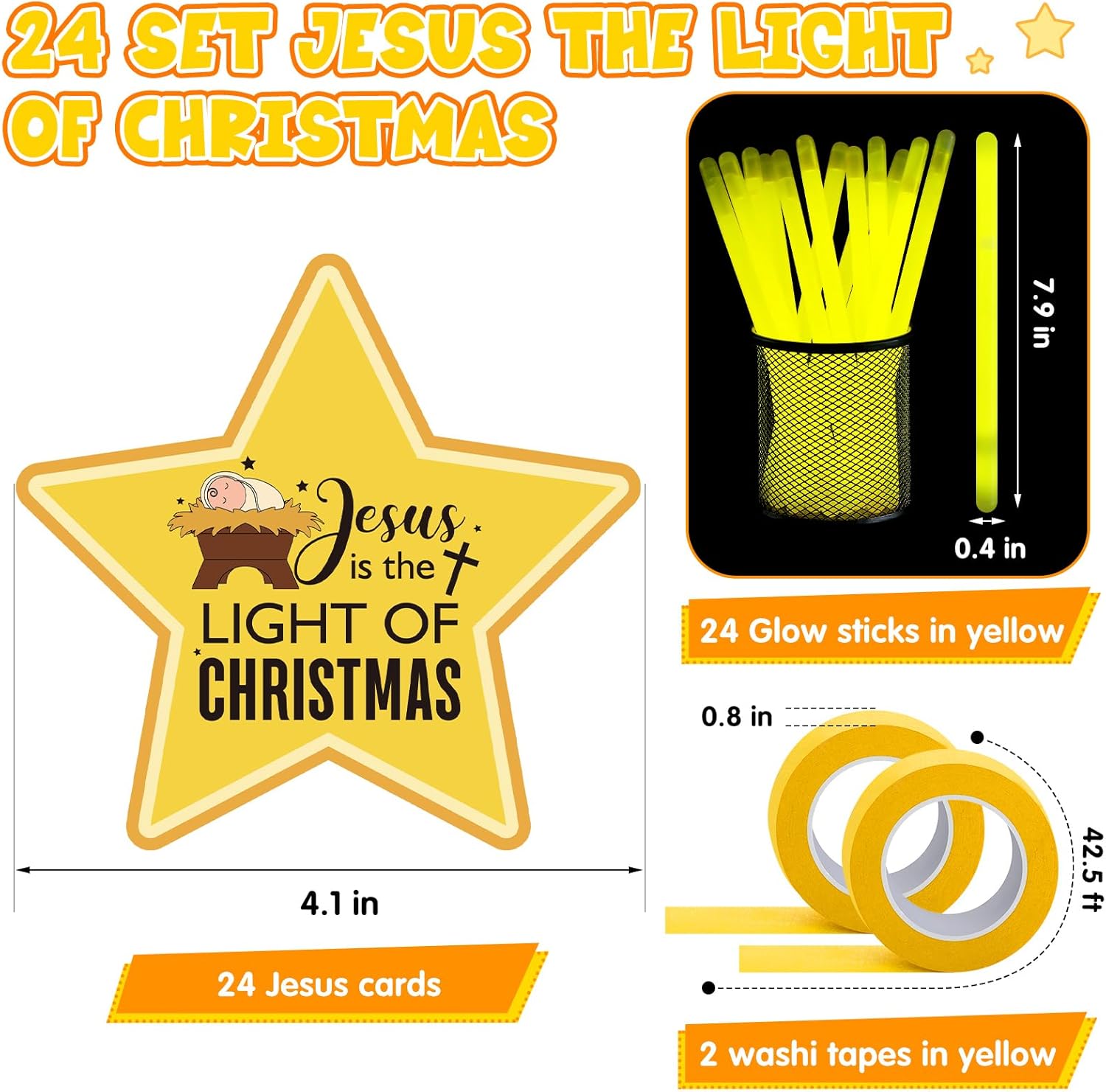 Realspring 24 Set Jesus the Light of Christmas Gifts, Include 24 Pcs 0.4x7.8 in Yellow Glow Sticks, 24 Pcs Jesus Is the Light of Christmas Cards with 2 Washi Tapes for Church Christian Religious Gift