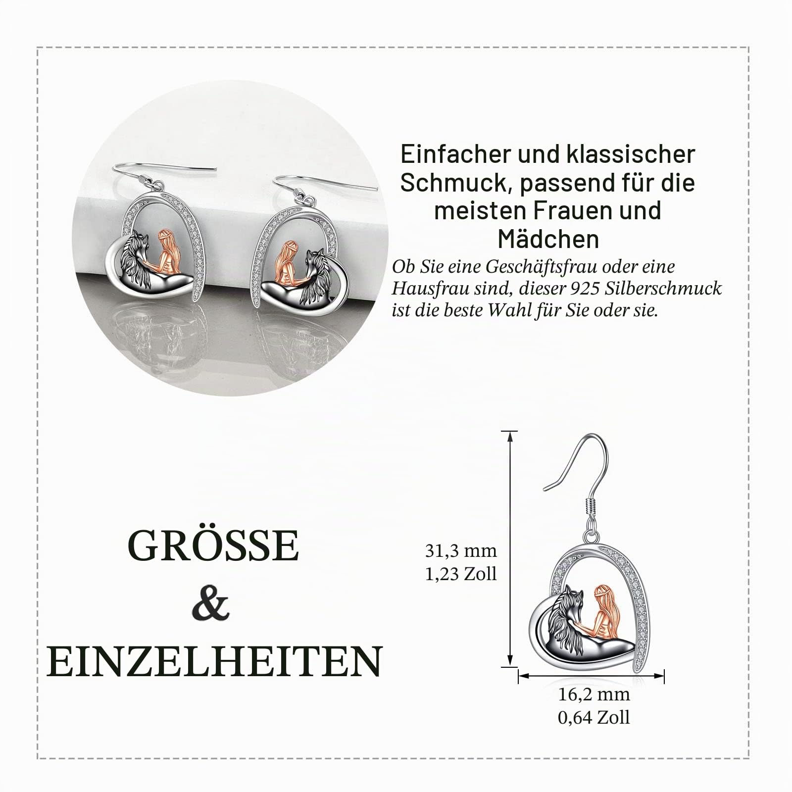 Pferd Ohrringe Mädchen Herz Tropfen Ohrringe 925 Sterling Silber Schmuck Geschenk für Damen Freund