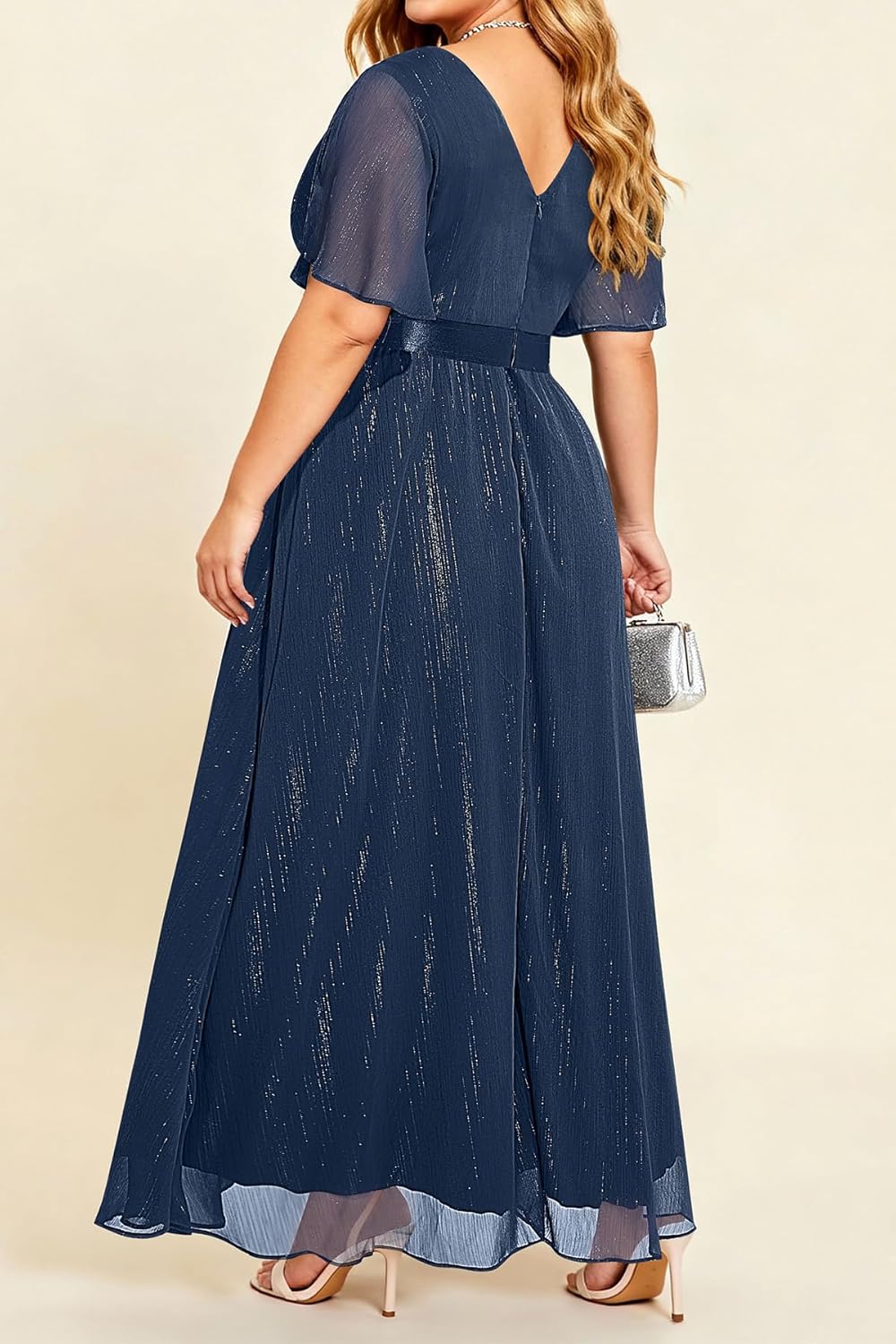 Plus Size Formal Dress - Chiffon V Neck Bridesmaid Wedding Guest Party Short Sleeve A-Line Floor Length Dresses - Image 5