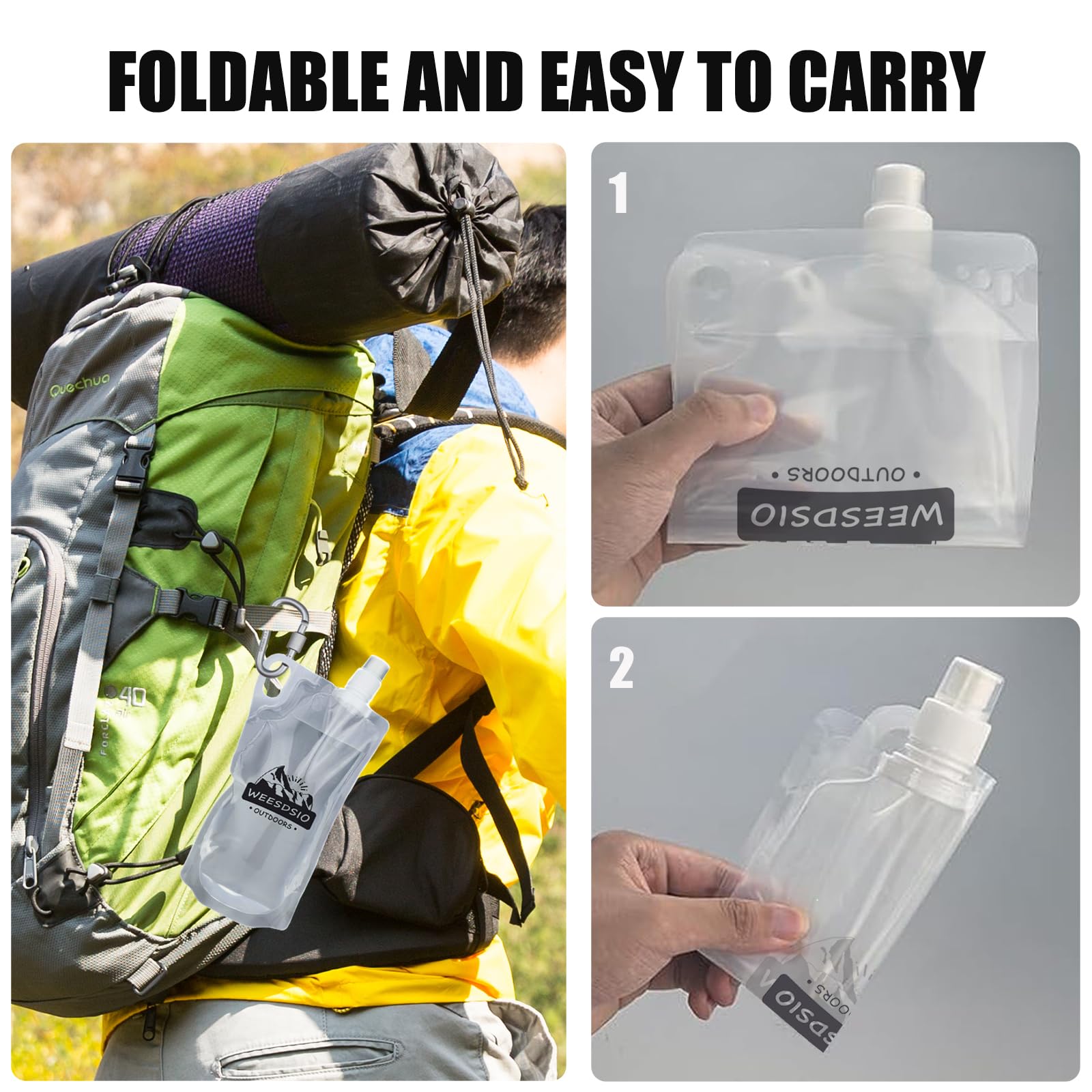 Faltbare Wasserflaschen mit Bergsteiger-Schnalle (nicht zum Klettern geeignet), BPA-frei, faltbar, für Camping, Wandern, Laufen, Radfahren, Bergsteigen, 5 Stück