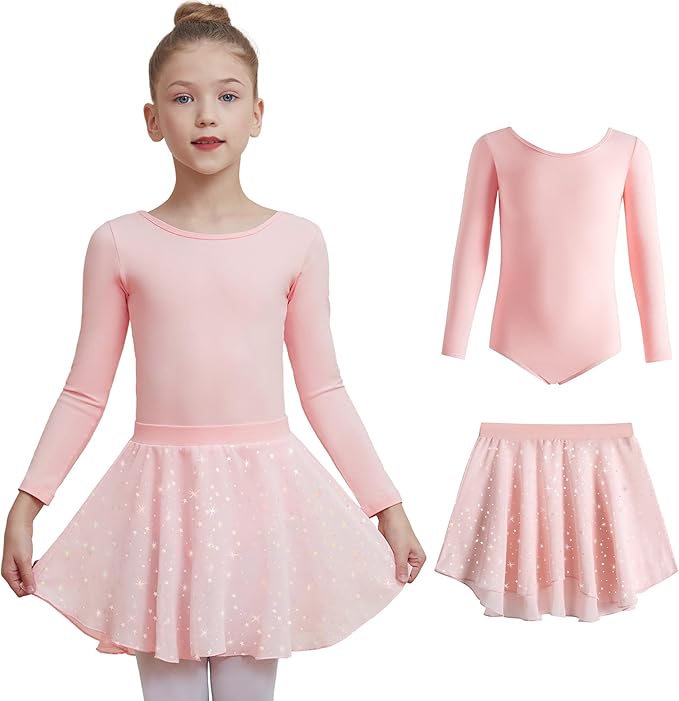 DIPUG Ballet Leotards for Girls Removable Skirt Shiny Toddler Dance Leotard Star Long Sleeve