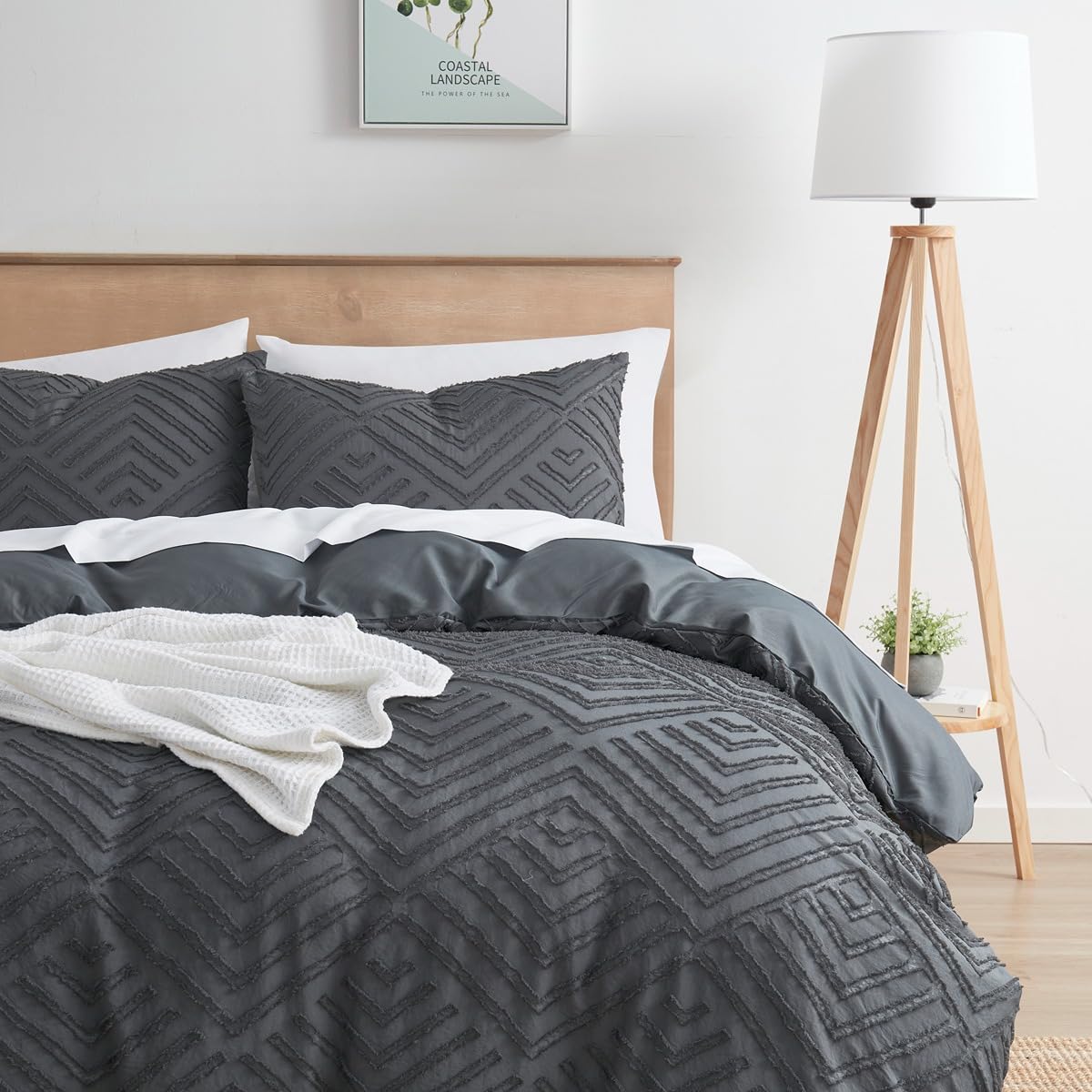 Boho Queen Duvet Cover Set - Textured 3 Piece Tufted Grey Duvet with Zipper Closure, 1 Queen Size 90x90 Inches and 2 Pillow Shams