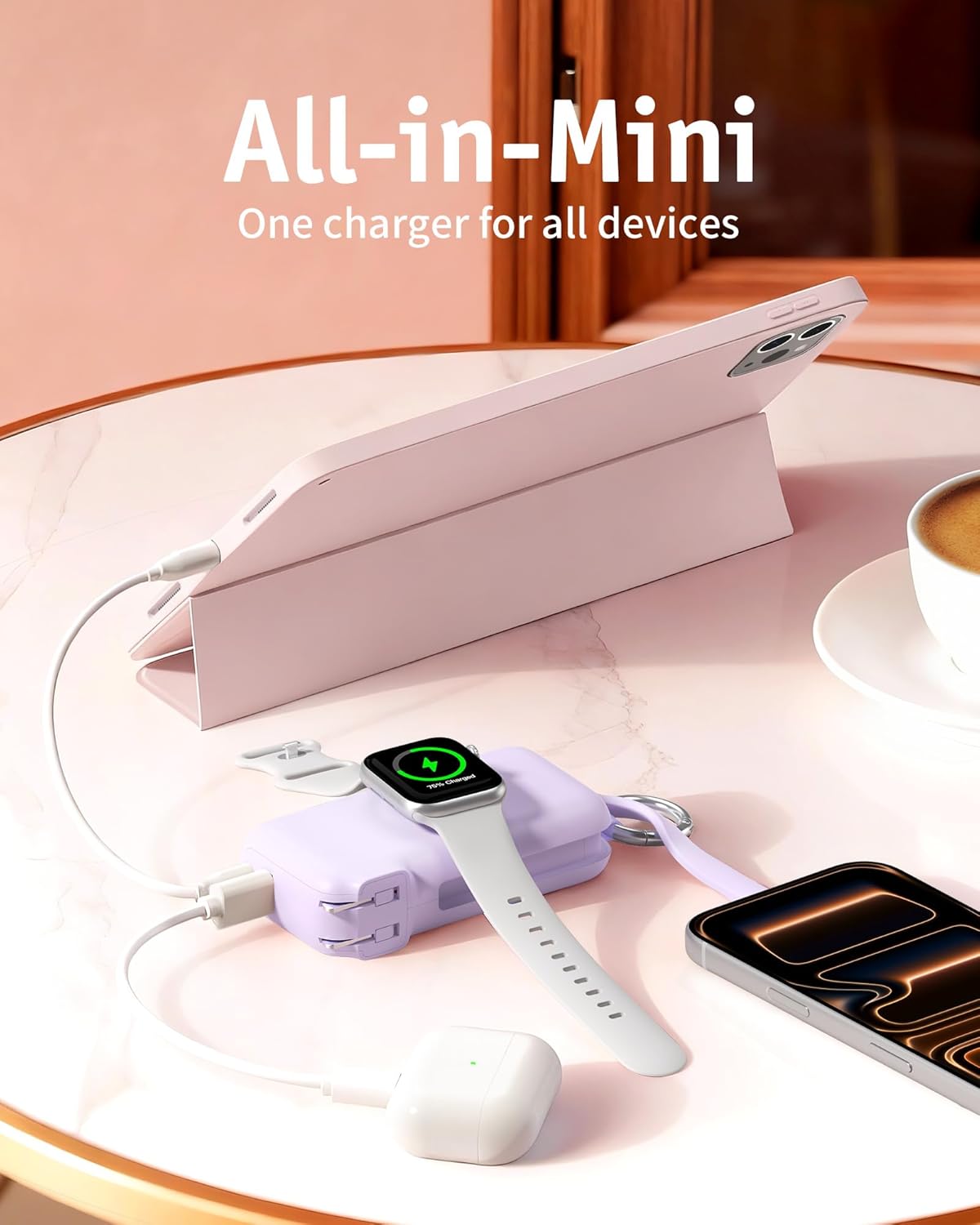 RORRY Flow Portable Charger, 10000mAh 40W Fast Charging Power Bank with Built-in USB C Cable and Foldable Wall Plug, Battery Pack Travel Essentials for iPhone 17/16/15, Apple Watch, iPad, MacBook