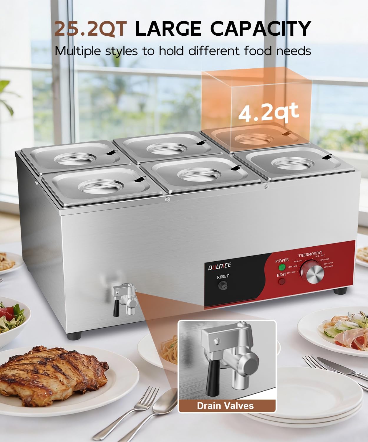 6-Pan Commercial Food Warmer, 1500W Stainless Steel Bain Marie with Anti-Dry Burn and Reset Button, Countertop Soup Warmer with Drain Tap, Soup Spoon for Buffet, Catering, Parties, Restaurants