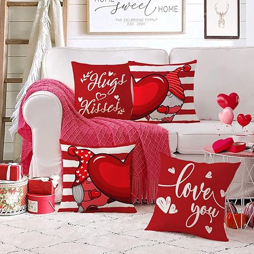 Miniatura 3 de YeeJu Juego de 4 fundas de almohada de 18 x 18 pulgadas, diseño de gnomos de corazón rojo de amor, fundas de almohada de terciopelo para boda,