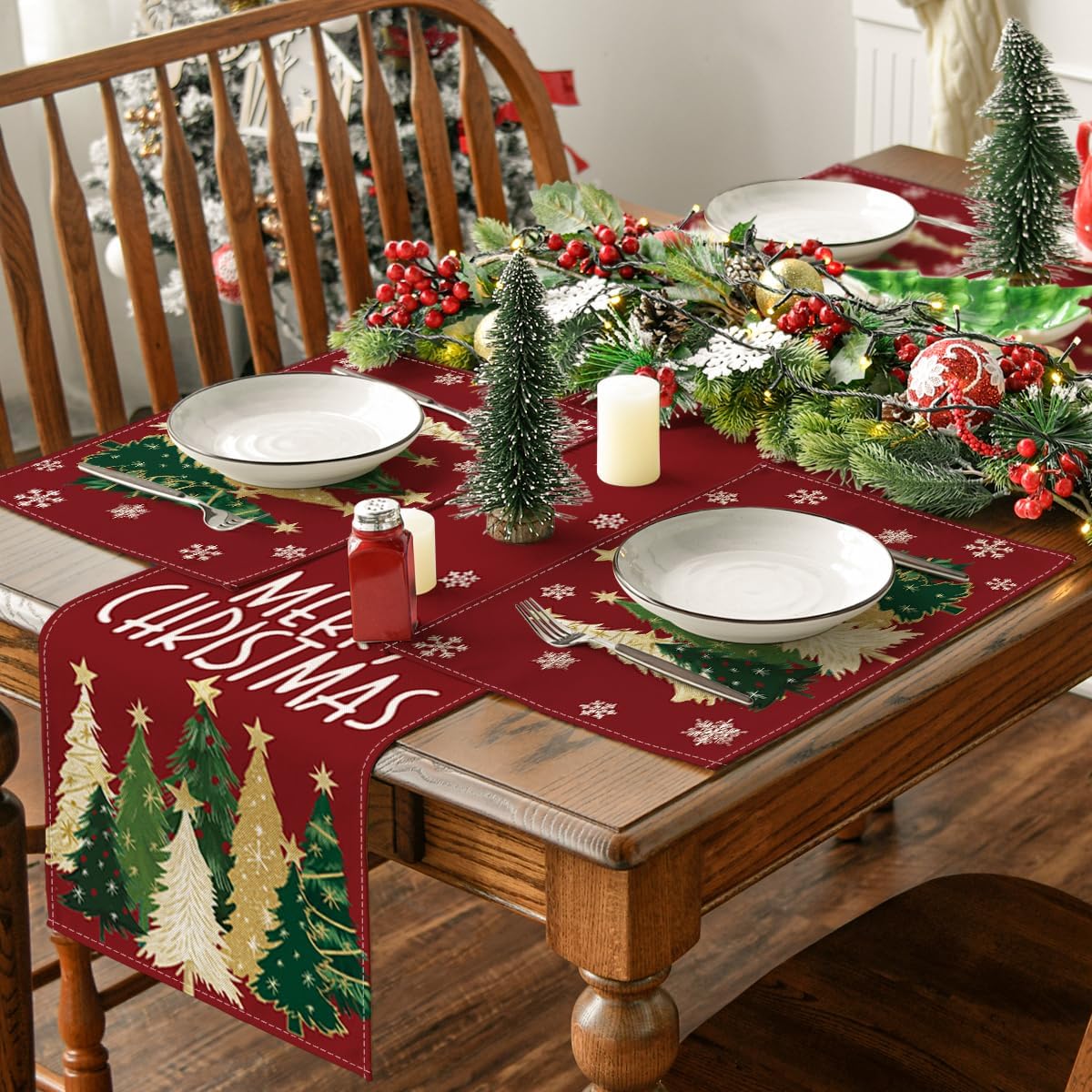 Artoid Mode Xmas Trees Snowflakes Winter Placemats Set of 4, 12x18 Inch Seasonal Red Christmas Table Mats for Party Kitchen Dining Decoration