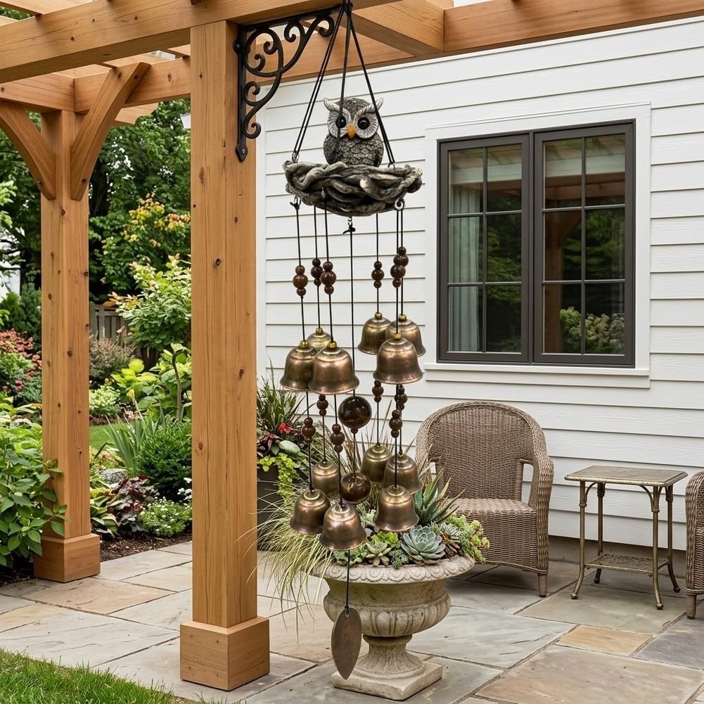 Campanillas de Viento Búho Resina Rústica 65cm para decoración Jardín Patio Sonido para suave Colgante Exterior(Gray)