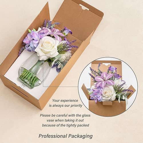 Miniatura 6 de WELL KNOWN Flores falsas en jarrón, flores artificiales con agua falsa, rosa de seda sintética de tacto real y tulipanes florecientes, flor de