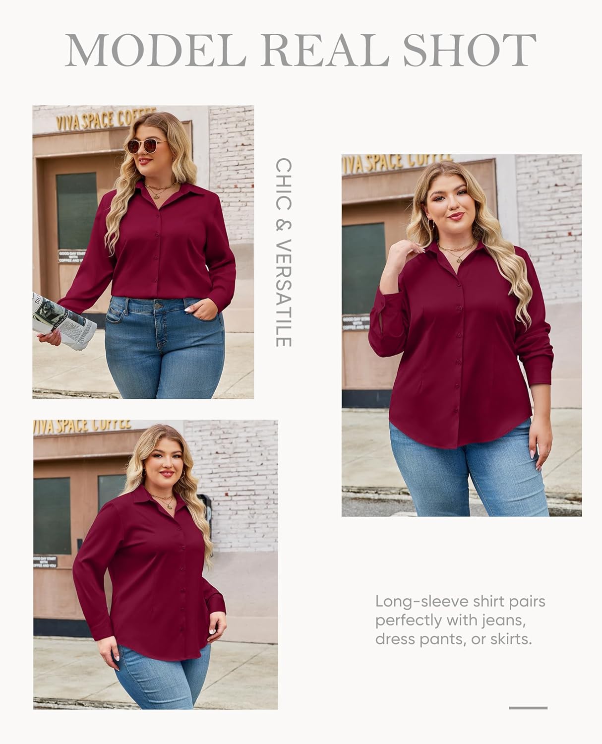 siliteelon Plus Size Button Down Shirts for Women Long Sleeve Dress Shirt Stretch Collared Shirt Work Office Blouse Top - Image 6